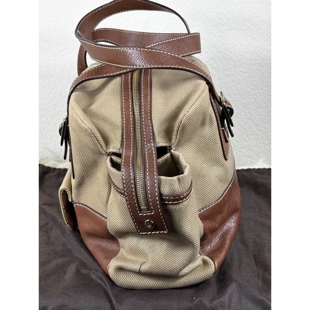 Kate Spade Stevie Baby Satchel Tan Canvas‎ Brown Trim Utility Bag Chic
